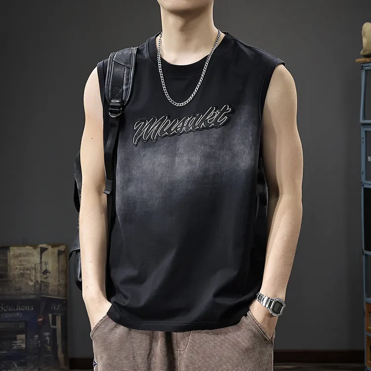 因纳巴敦夏季新款潮流男士背心潮牌休闲运动水洗渐变薄款T恤上衣