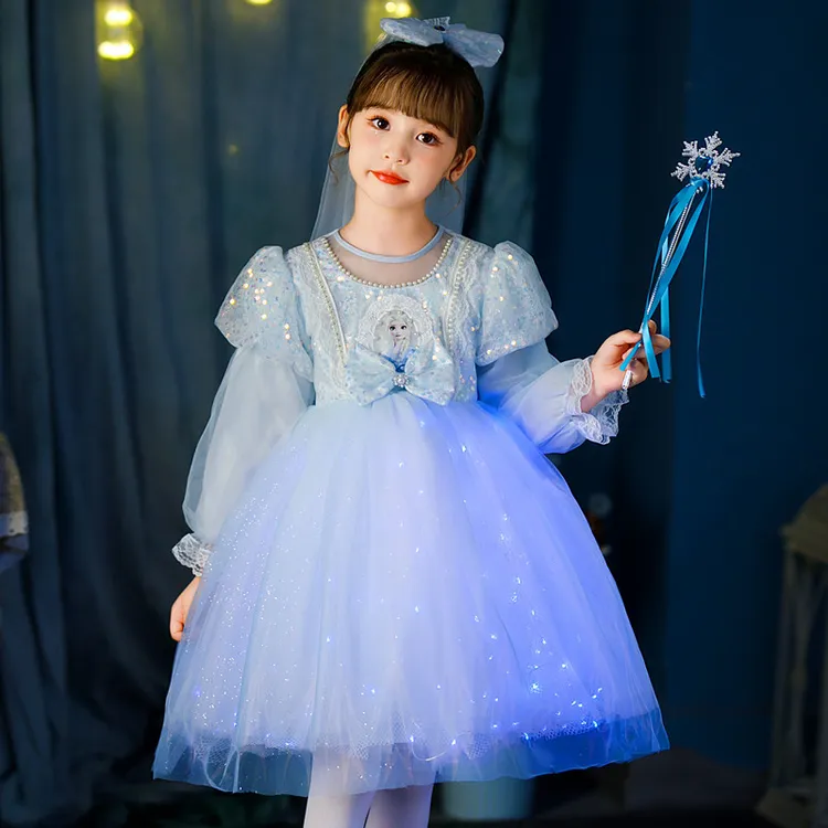 冰雪奇缘发光爱莎公主裙女童春秋新款艾莎裙儿童生日连衣裙子秋装