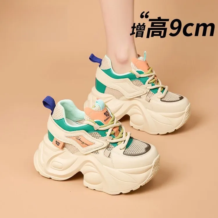 万达撤柜头层牛皮厚底老爹鞋2025春夏新款透气网面凉鞋松糕内增高