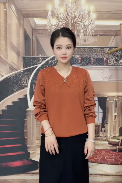 2025秋季新款女装时尚V领钉珠长袖上衣百搭中老年妈妈装小衫遮肚