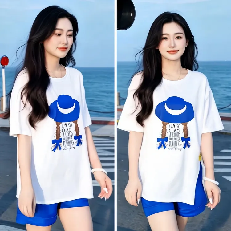 时尚短袖T恤女2025夏季新款洋气宽松印花遮肚子休闲运动圆领上衣