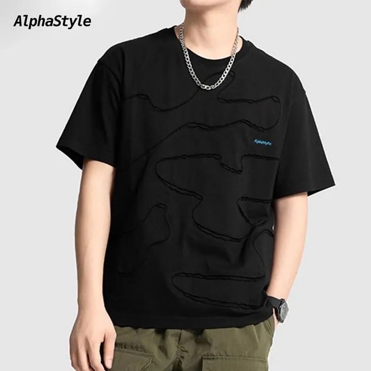 AlphaStyle夏季云朵贴布迷彩补丁T恤美式复古短袖休闲百搭男女款