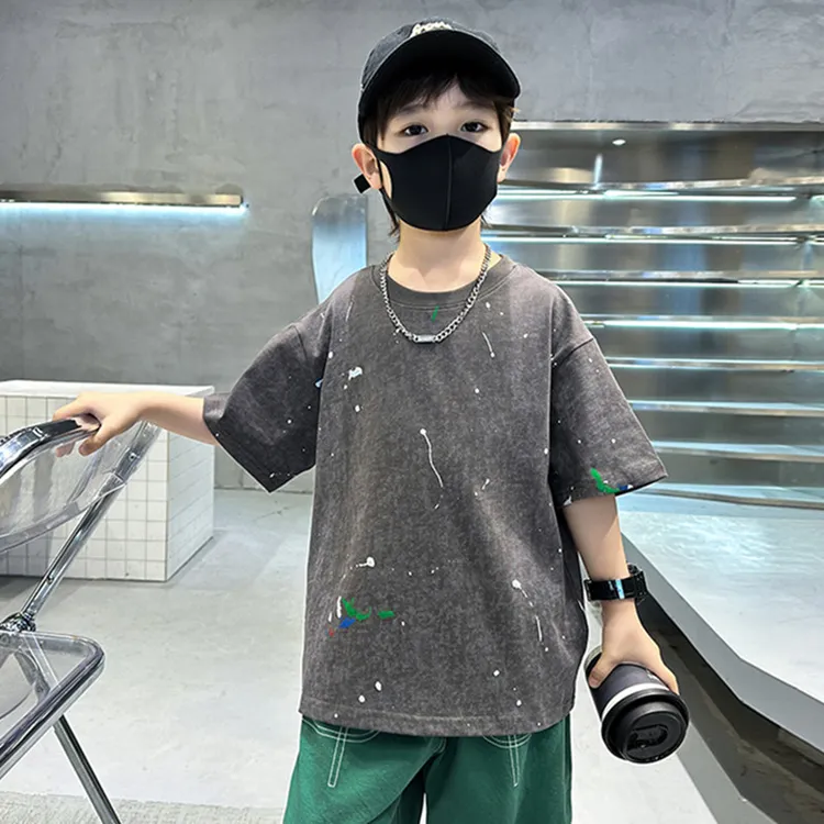 夏季男童男孩洋气纯棉短袖新款短袖T恤休闲印花字母宽松男童短袖