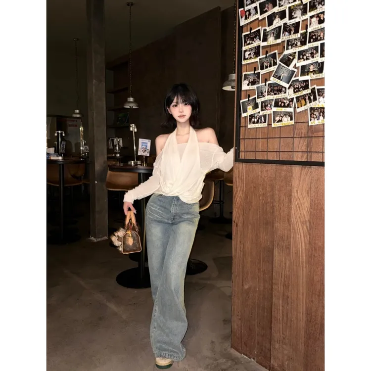 法式温柔气质高级感纯欲一字肩挂脖长袖T恤复古高腰垂感阔腿长裤