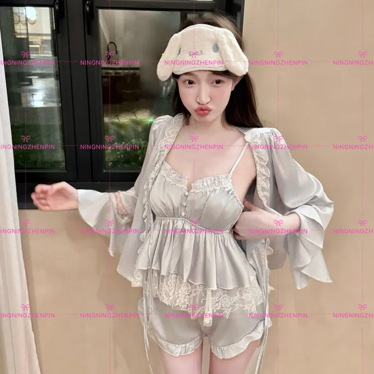 「软缎甜睡服」吊带短裤带胸垫可拆卸蕾丝性感冰丝睡衣四件套