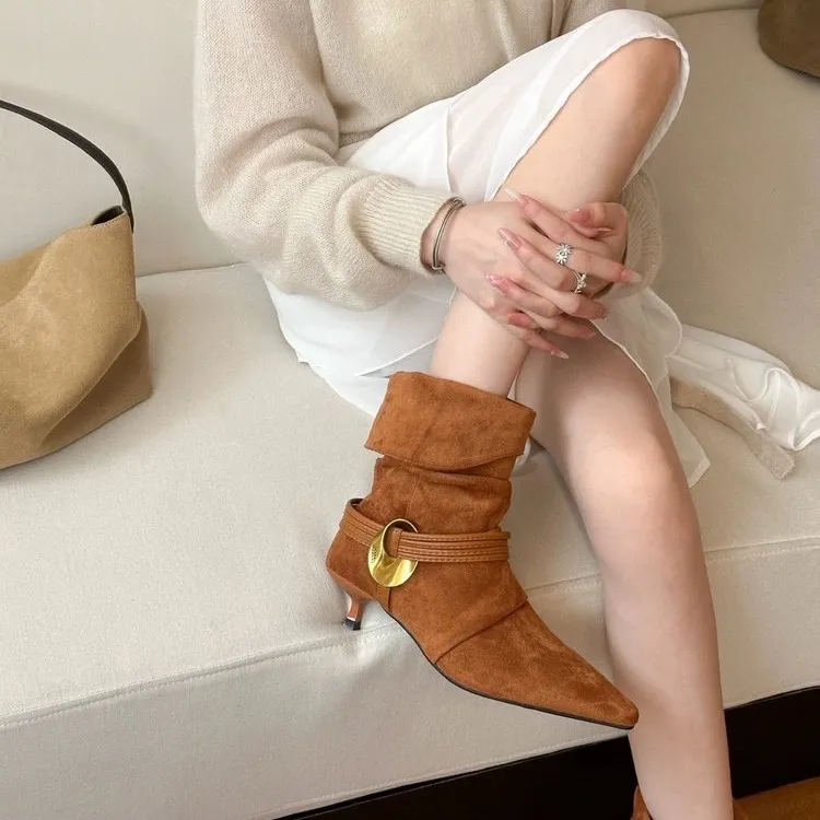 法式网红女复古内增高褶皱堆堆靴女秋冬新款尖头中筒靴不过膝长靴