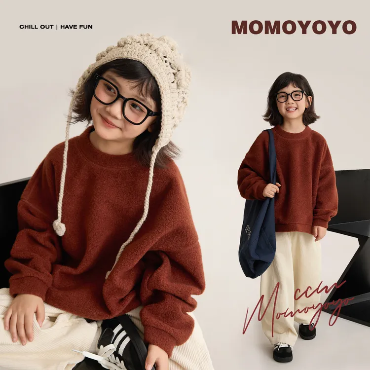 辰辰妈【私藏】女童秋装毛呢卫衣亲子装宽松慵懒圆领上衣8491D