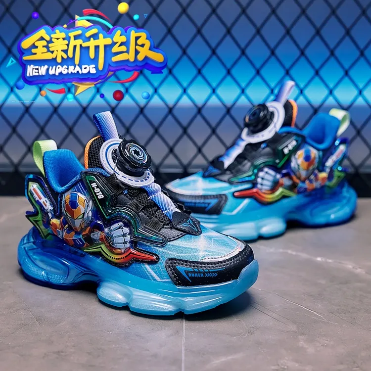秋冬季2025新款变形金刚炫酷发光鞋男童高品质软底纽扣跑步运动鞋