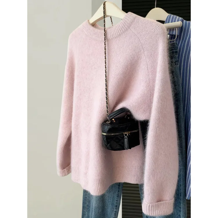 端庄优雅大气！粉色毛衣女秋冬季加厚款欧货慵懒风软糯外穿针织衫