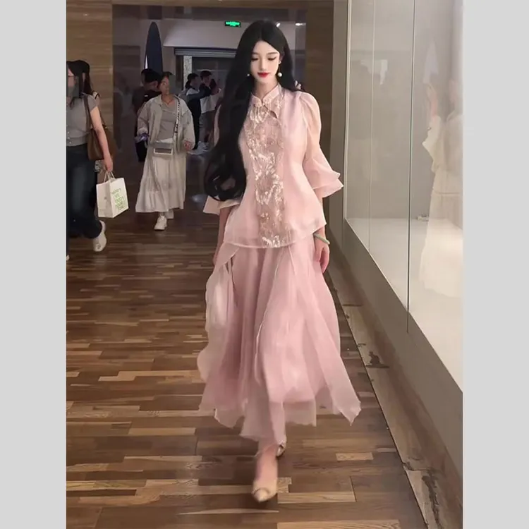 2025超火夏装一整套高级感清冷感禅意新中式国风上衣半裙两件套装