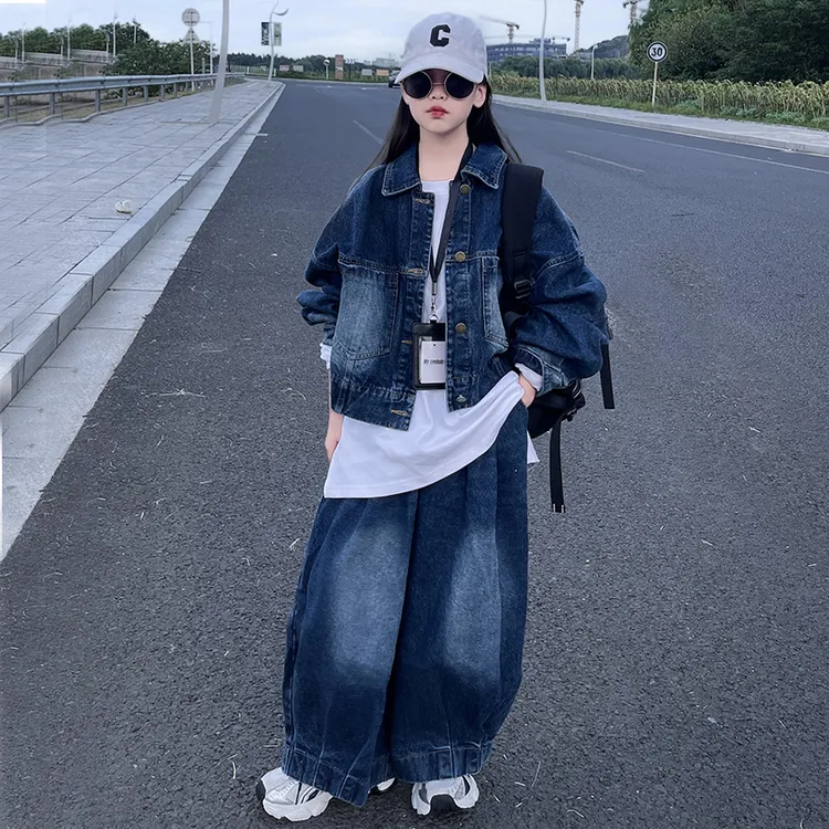 女童牛仔套装韩系复古短款外套2025秋季新款宽松阔腿裤港风两件套