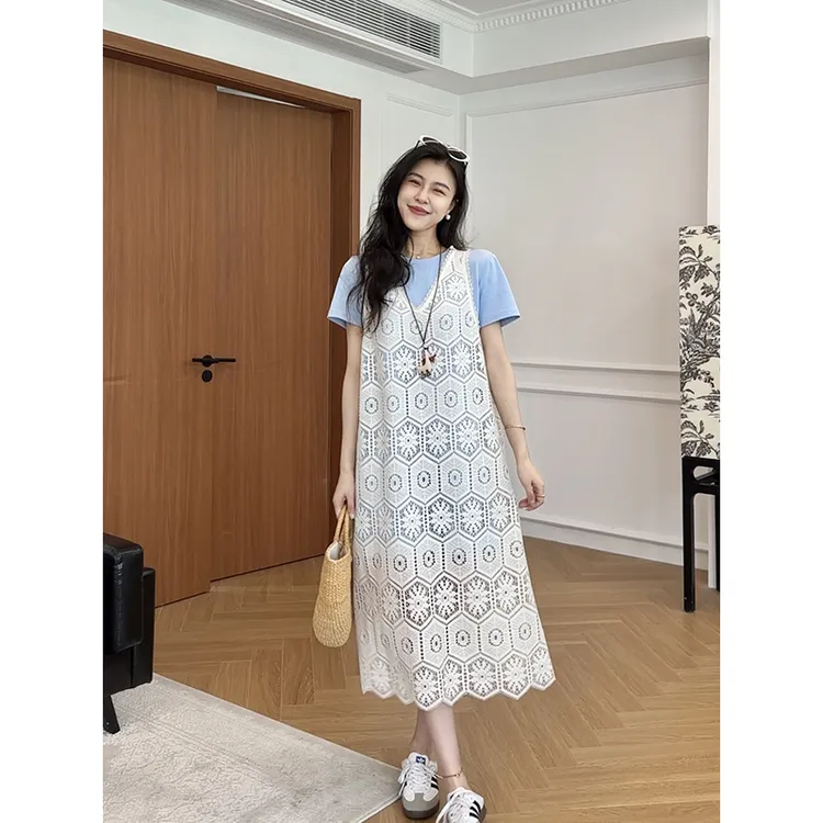 【现货】张阿星夏季简约时尚宽松短袖裙+遮肉网纱镂空罩衫连衣裙 