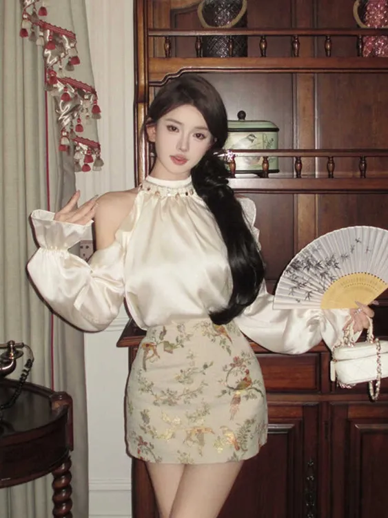 富家千金小洋装套装气质高级感露肩挂脖衬衫提花短裙两件套2025秋