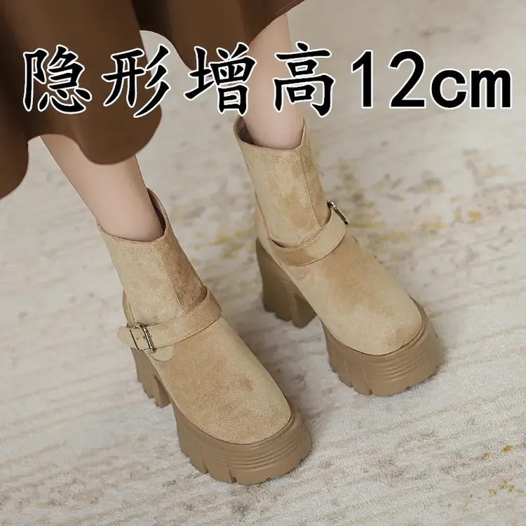 小个子内增高复古瘦瘦靴女粗跟短靴厚底高跟英伦马丁靴西部堆堆靴