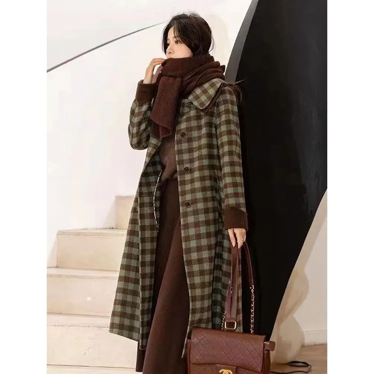 毛呢外套女2025年秋冬季新款西装外套中长款宽松显瘦格纹呢子上衣
