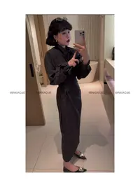 8808#立领不规则一片式绑带磨绒料套装裙