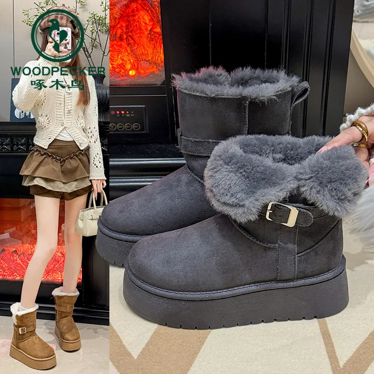 啄木鸟增高中筒靴子女厚底雪地靴2025新款冬季加绒加厚东北棉鞋女