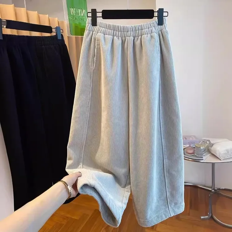胖MM爆款~大码女装灯芯绒裤阔腿裤女秋冬新款宽松直筒九分休闲裤