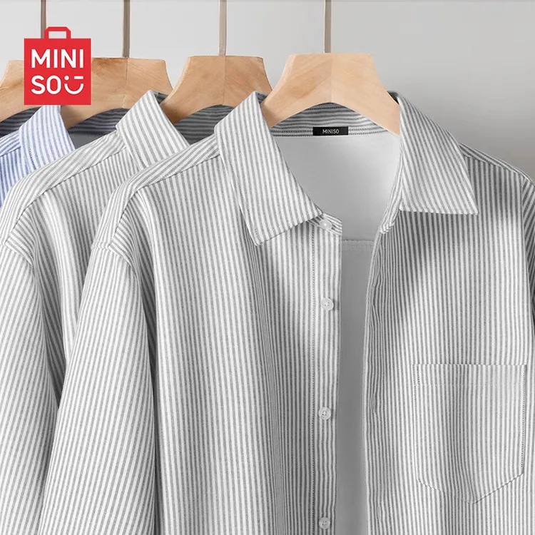MINISO名创优品条纹衬衫男春季时尚休闲长袖重磅牛津纺翻领衬衣