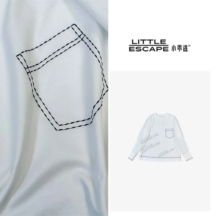小乖逃X打底白色T恤白色拼黑色线假口袋线迹长袖上衣F99031