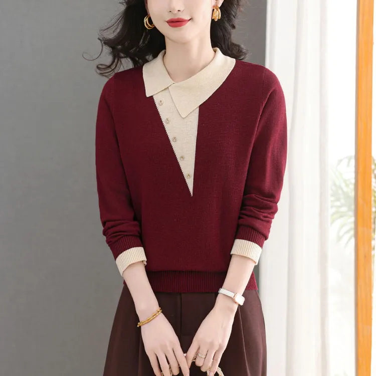 秋冬新款翻领女士假两件毛衣针织衫时尚拼色宽松短款打底衫上衣