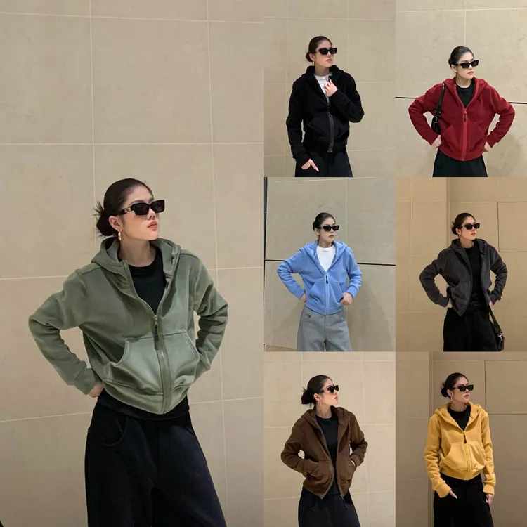 加绒加厚双面奥粒绒连帽外套女修身百搭休闲开衫上衣