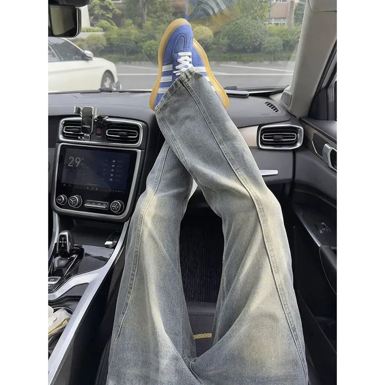 美式复古斜切弯刀牛仔裤男款秋季修身显瘦微喇裤子高街vibe直筒裤