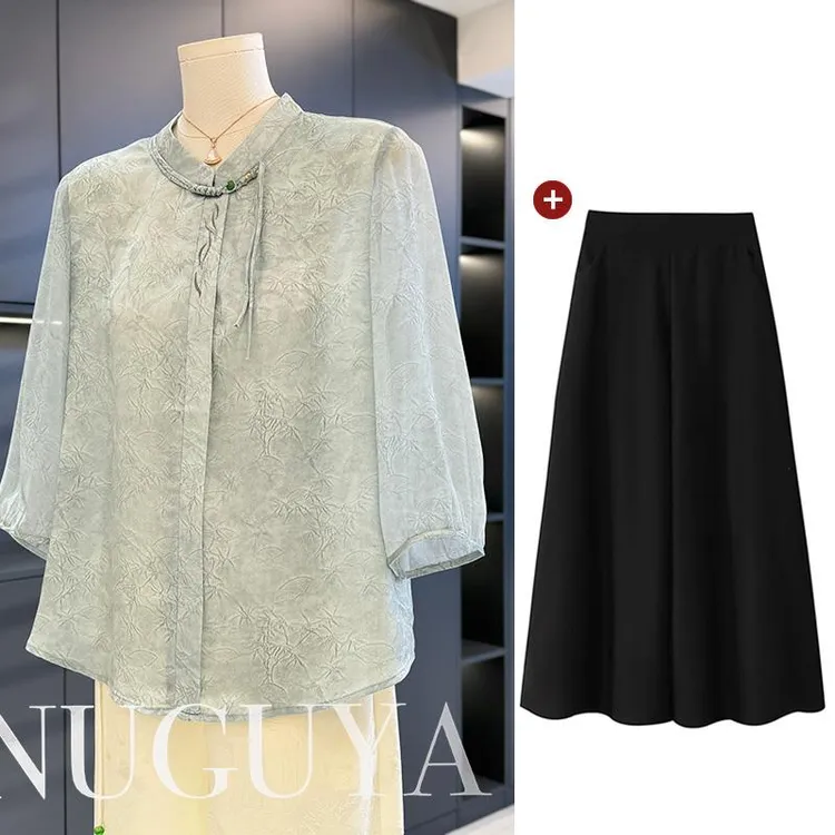 皮尔卡丹中国风妈妈装雪纺衬衫女七分袖2025年夏装新款上衣百搭中