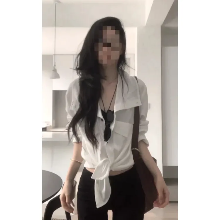 MARIE.COCO法式极简风秋季袖白衬衫女黑色高腰修身显瘦气质喇叭裤