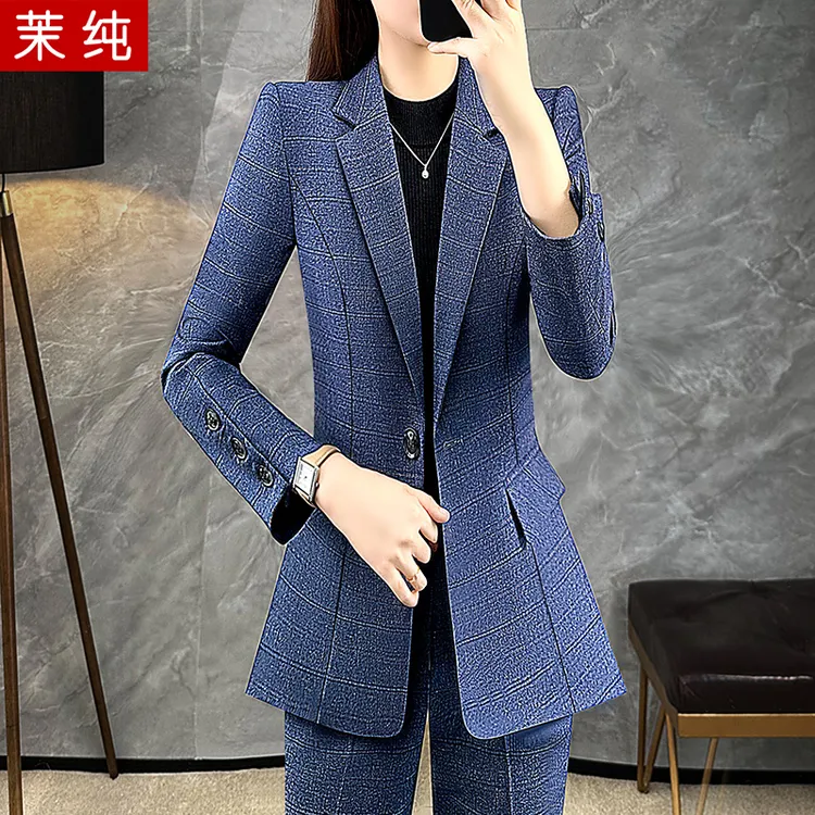 西装外套女蓝色格纹气质高级感女神范西服正装工作服春装职业洋气