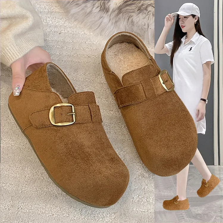 轻奢磨砂厚底勃肯鞋女2025冬季百搭棉鞋圆头内增高5cm加绒乐福鞋