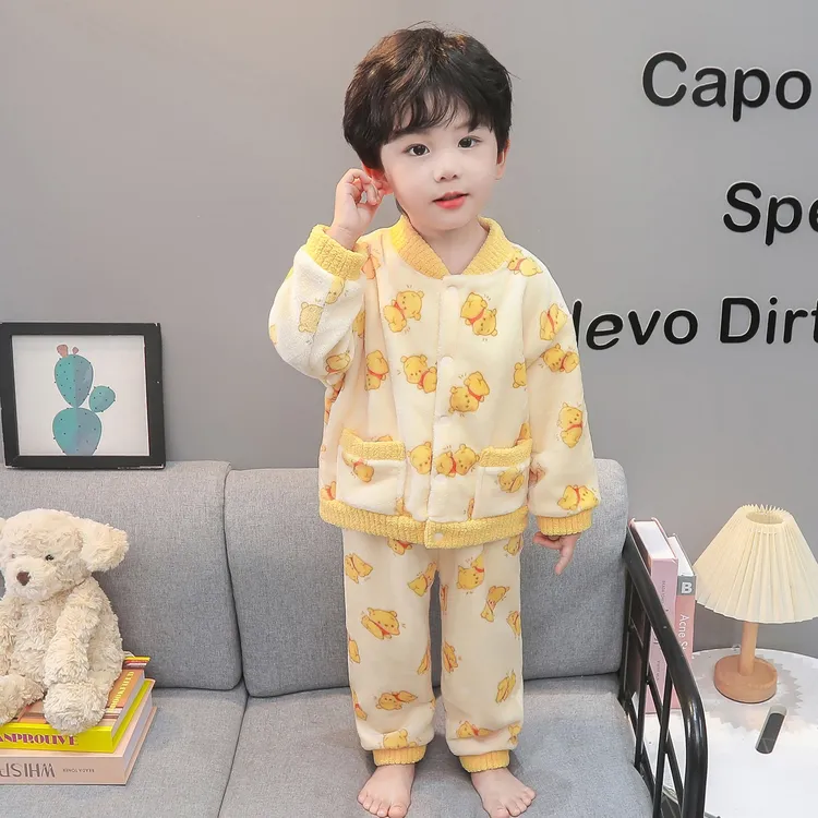 儿童珊瑚绒睡衣男童秋冬加厚款男孩宝宝法兰绒家居服卡通开衫套装