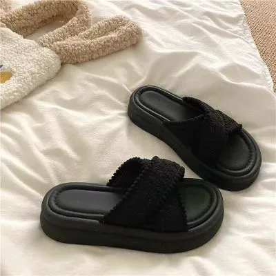 勃肯鞋风格2024夏季针织交叉带一字拖女鞋厚底沙滩度假凉拖鞋外穿