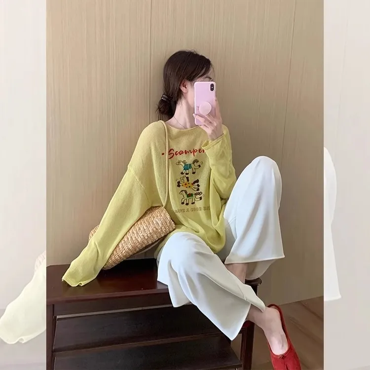 韩系黄色印花防晒长袖T恤女夏季设计感小众外搭宽松薄款罩衫上衣