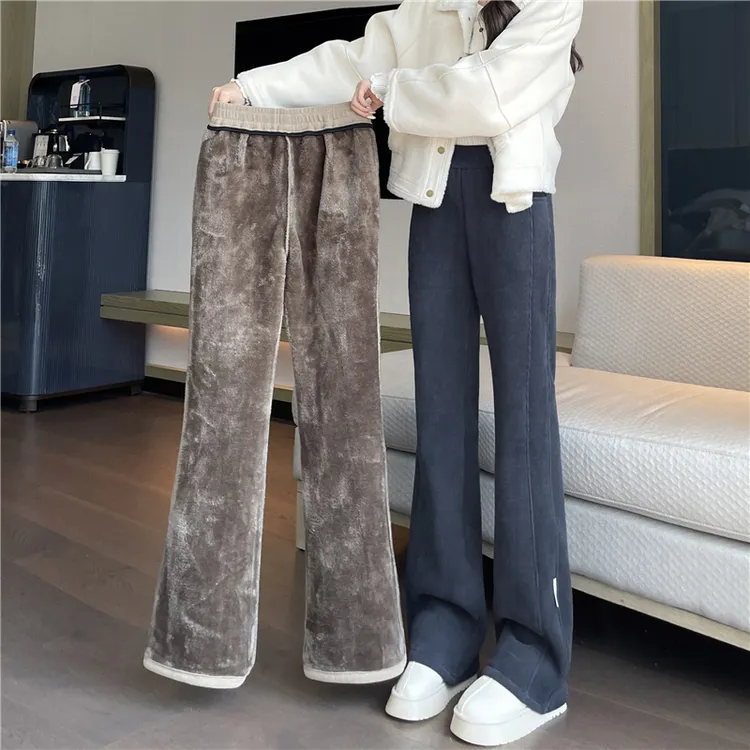 雪尼尔微喇叭裤女秋冬季加绒裤子2025新款羊羔绒加厚保暖棉裤女冬