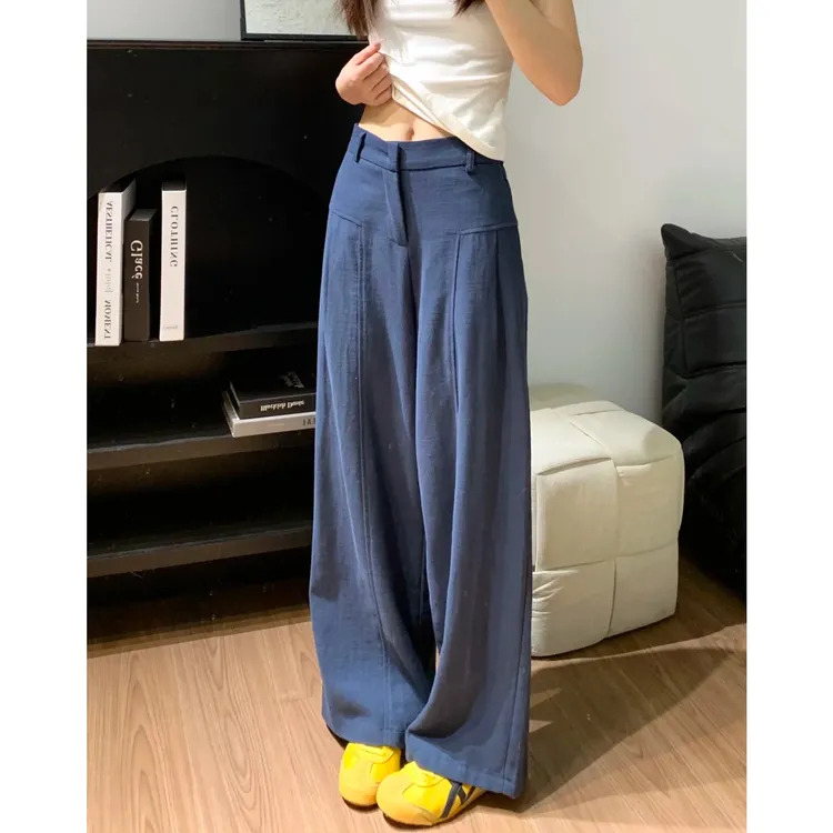 藏青色亚麻阔腿裤女秋2025新款小个子高腰显瘦宽松慵懒棉麻西装裤