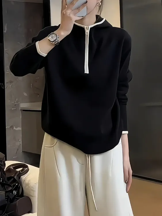 高级半开拉链卫衣女设计感休闲拼色2025秋冬宽松显瘦连帽长袖上衣