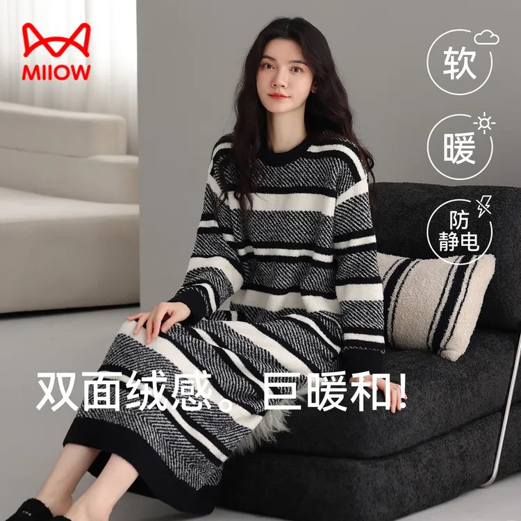 猫人秋冬季新款睡衣女士半边绒加绒加厚睡裙套头圆领连衣裙家居服