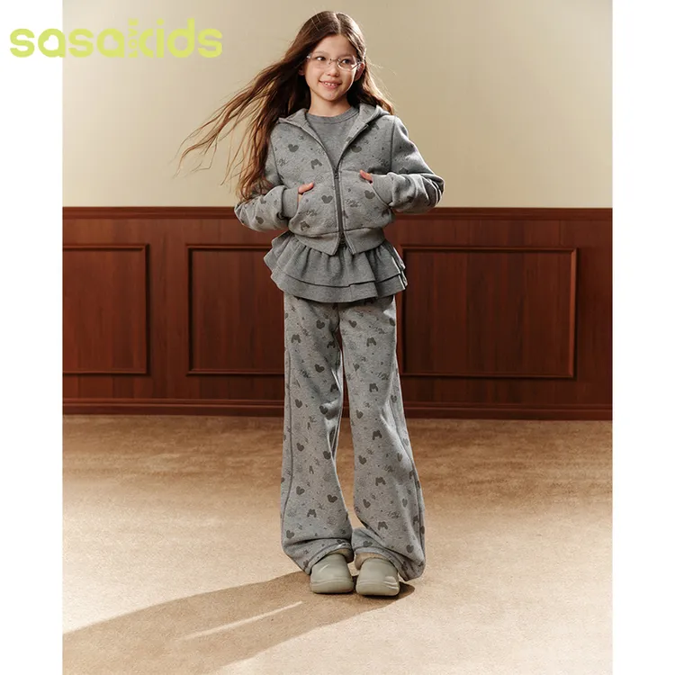 sasakids【小熊卫衣套装】爱心印花休闲运动卫衣+全腰直筒裤女童