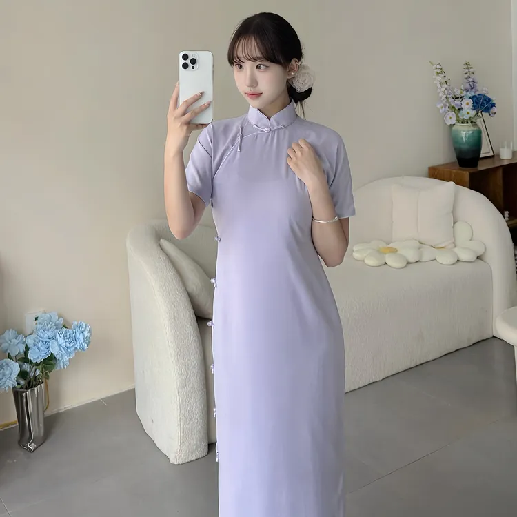 半枫荷【雪青】春秋款全开襟仿真丝少女日常修身气质民国风古法旗袍