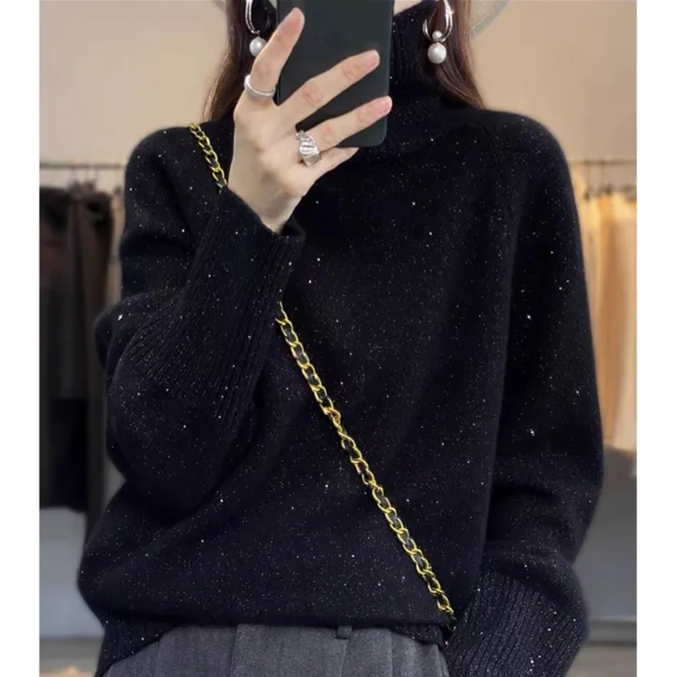 【幽庭缀星】秋冬高领亮丝羊毛衫女宽松加厚套头毛衣打底衫1649