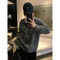 大婉酱微胖定制【千层岛屿】显瘦条纹连帽半开领宽松加绒卫衣2554D