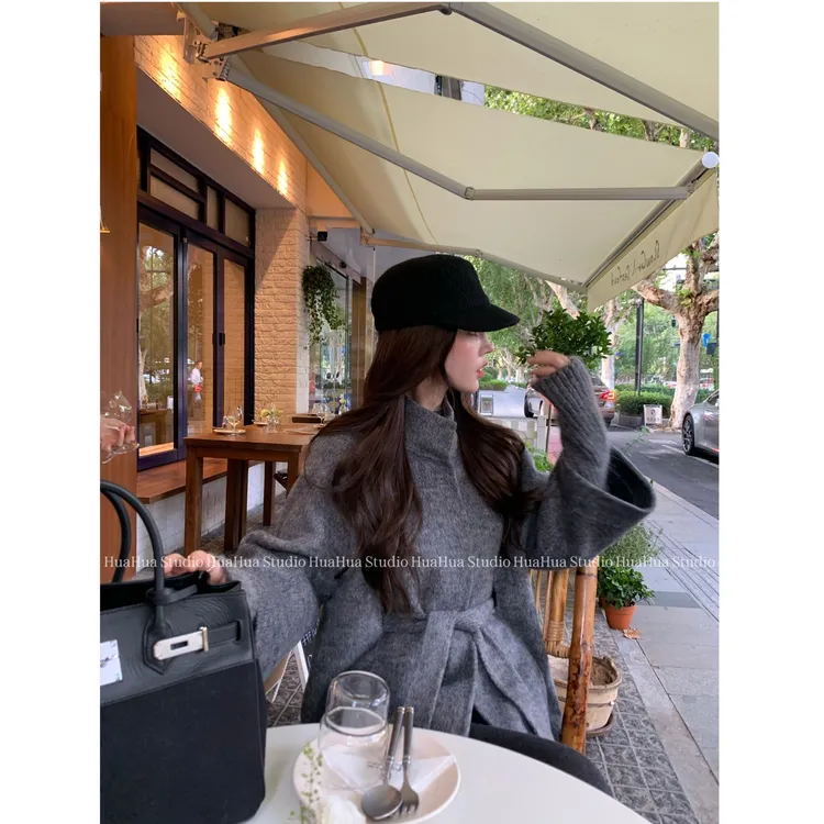 【花花】冬日暖阳~韩系高级感羊毛双面呢拼接针织袖中长款毛呢外套