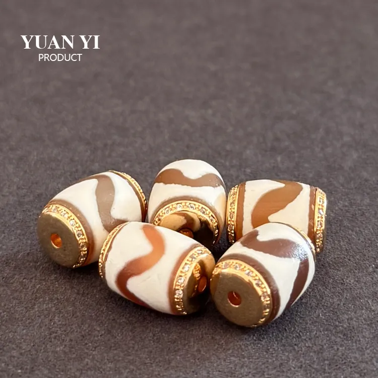 10x13镀24K 金镶钻达洛虎牙天珠玛瑙桶珠金盾配珠手串108项链配饰