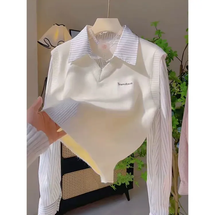 针织衫衬衫假两件毛衣女春秋短款学院风条纹时尚拼接软糯百搭上衣