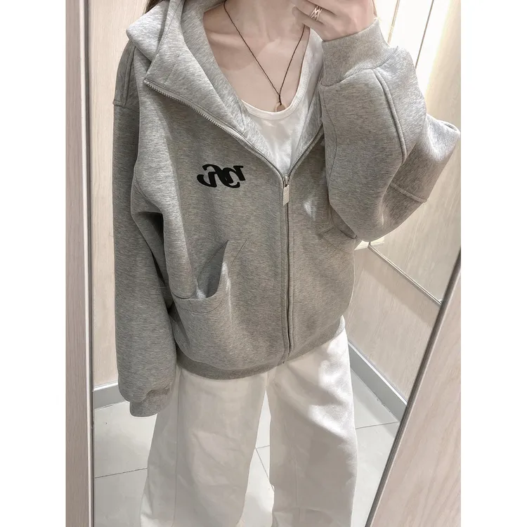 美式个性艺术体字母印花开衫连帽卫衣男女秋冬季休闲情侣拉链外套