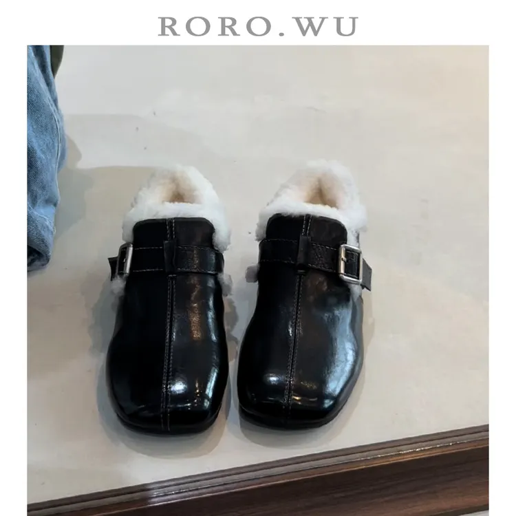 娆娆吴·胎牛皮英伦复古加绒保暖皮带扣棉鞋冬季新款毛毛单鞋女J01