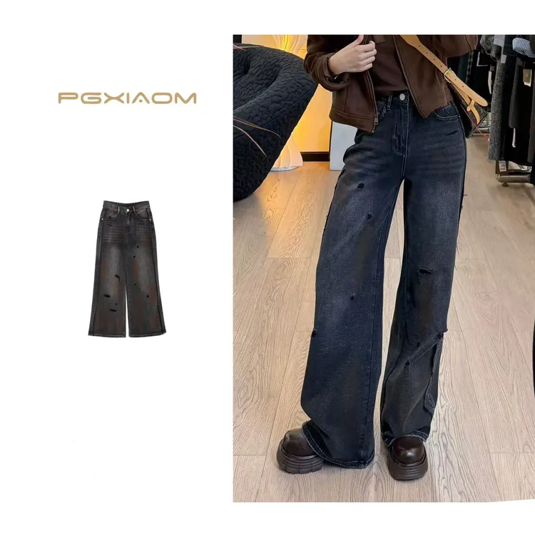 【PGXIAOM】润秀定制黑色复古做旧破洞牛仔阔腿裤KZ10331