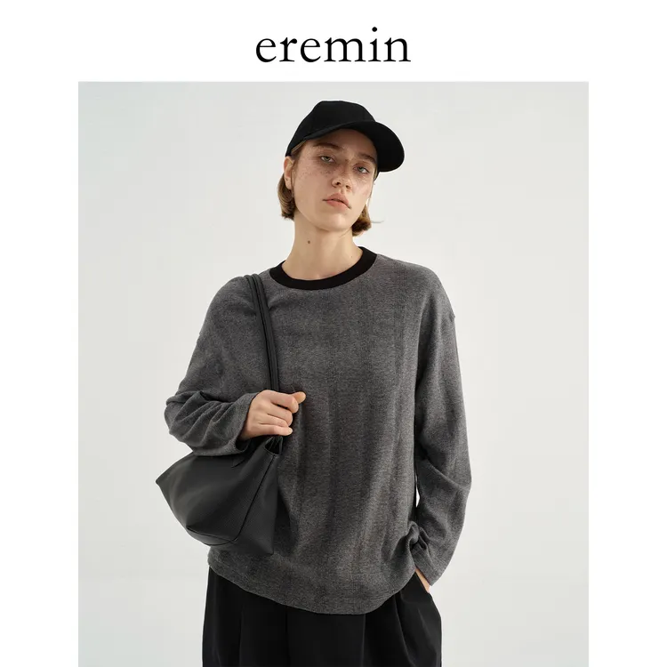 DE Mincollection黑灰针织T/色织纹理提花拼接全棉廓形上衣55315