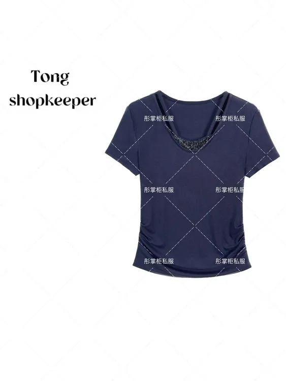 QJ/彤掌柜1681884 夏季25莱赛尔天丝羊毛打揽显瘦镶钻假两件上衣